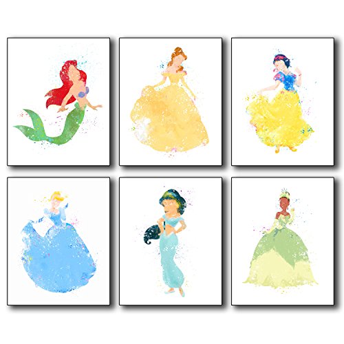 Product Cover Disney Princess Watercolor Wall Art Poster Prints - Set of 6 (8 inches x 10 inches) Photos - Ariel Belle Snow White Cinderella Jasmine and Tiana!