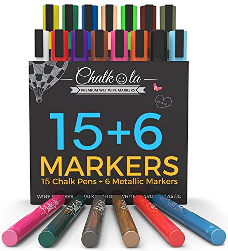 Product Cover Chalk Markers & Metallic Colors - Pack of 21 neon chalk pens - For Chalkboard, Whiteboard, Blackboard, Window, Labels, Bistro, Glass - Wet Wipe Erasable - 6mm Reversible bullet & chisel Tip