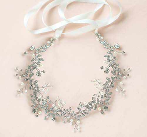 Product Cover BABEYOND Crystal Wedding Headpiece Hair Vine Bridal Headband Bridesmaid Hairband Crystal Floral Leaf Forehead Band with Lace Ribbon Silver