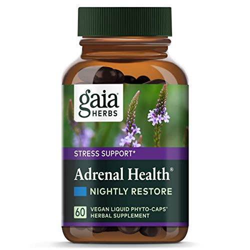 Product Cover Gaia Herbs Adrenal Health Nightly Restore, Vegan Liquid Capsules, 60 Count - Calming Sleep and Stress Support, Ashwagandha, Reishi, Cordyceps, Lemon Balm