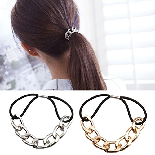 Product Cover Cuhair(tm) 2pcs Punk hair bands Gold Silver Plated Woman Elastic Hair Band Rope rubber Ties Metal Ponytail Holder Girls Hair Accessories