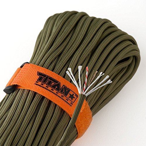 Product Cover TITAN SurvivorCord Parachute Cord Military 550 Paracord Fishing Line Waxed Jute Conductive Wire. Exclusive Patent-Pending Design. Includes FREE Paracord Project eBooks. Olive Drab