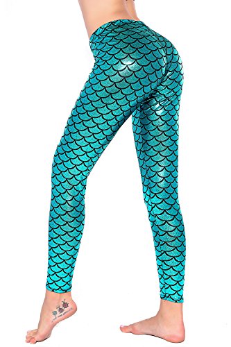 Product Cover Women Sexy Mermaid Fish Scale Hologram Stretch Soft Shine Leggings (Medium, Peacock)