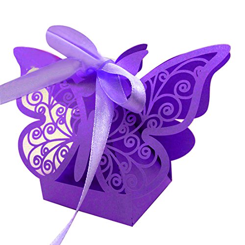 Product Cover zorpia New 50pcs Laser Cut Butterfly Wedding Favor Box Candy Box Gift Box Wedding Favors Event Party Supplies Wedding Decoration ZRA0168922 (Purple)