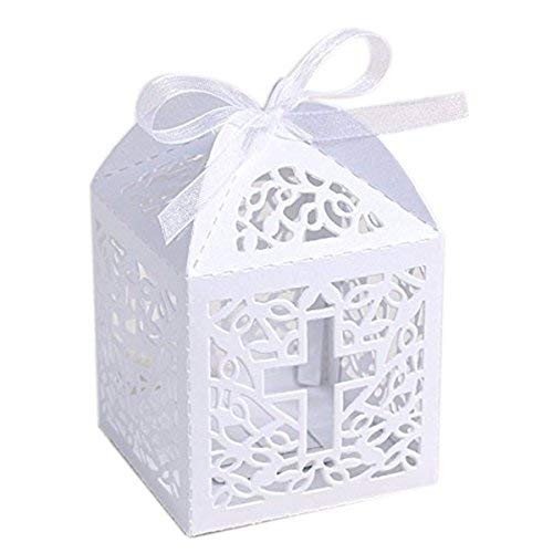 Product Cover KAZIPA 50PCS Baptism Favor Boxes, 2.2''x2.2''x2.2''Laser Cut Favor Boxes with 50 Ribbons for Baby Shower Favors Baptism First Birthday Party Wedding Decorations