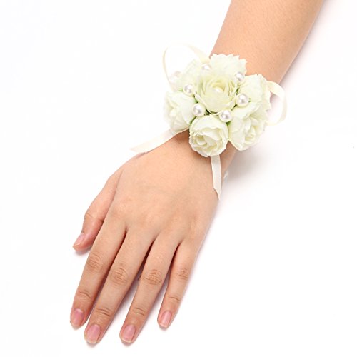 Product Cover FAYBOX Girl Bridesmaid Wedding Wrist Corsage Party Prom Hand Flower Decor Pack of 2 Ivory