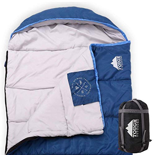 Product Cover All Season XL Hooded Sleeping Bag with Compression Sack - Perfect for Camping, Backpacking, Hiking. Temperature Range 32-60°F. Fits Adults up to 6'6. Tough Ripstop Waterproof Shell & High-Loft Fill