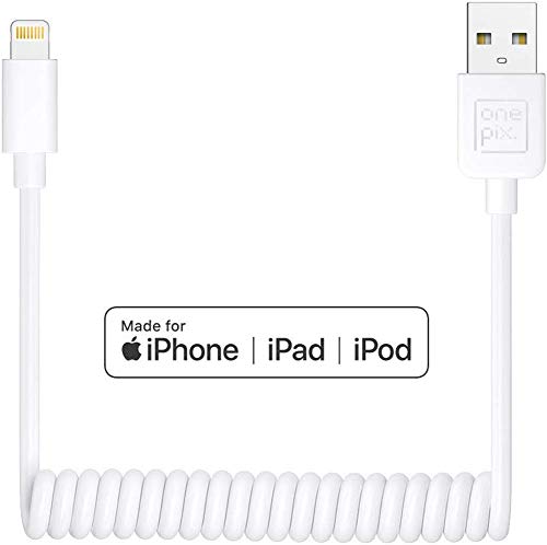 Product Cover ONE PIX iPhone Charger Cable for Car (3 ft), MFi Certified Coiled Lightning Cable Compatible with iPhone 11/XS/XS Max/XR/X/8/8 Plus/7/7 Plus/6s/6s Plus/6/6 Plus/SE/5s/5c/5/iPad/iPod - White
