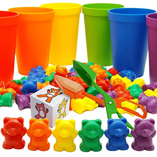 Product Cover Skoolzy Rainbow Counting Bears with Matching Sorting Cups, Bear Counters and Dice Math Toddler Games 71pc Set - Bonus Scoop Tongs, Storage Bag