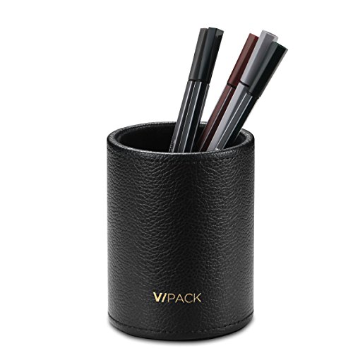 Product Cover VPACK PU Leather Round Pencil Cup Pen Holder Desk Stationery Organizer (Onyx Black)