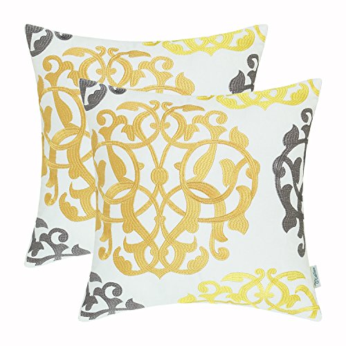 Product Cover CaliTime Pack of 2 Cotton Throw Pillow Cases Covers for Bed Couch Sofa Vintage Compass Geometric Floral Embroidered 18 X 18 Inches Gold Yellow Gray