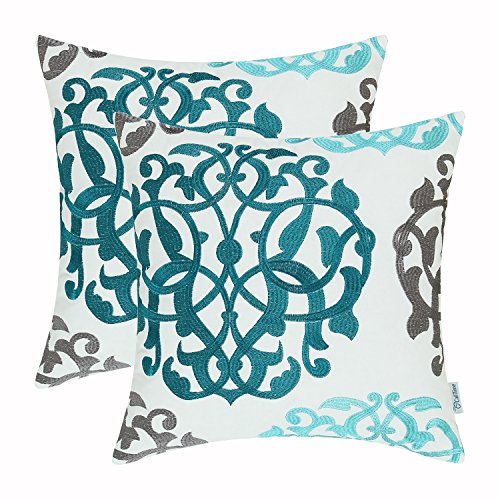 Product Cover CaliTime Pack of 2 Cotton Throw Pillow Cases Covers for Bed Couch Sofa Vintage Compass Geometric Floral Embroidered 18 X 18 Inches Teal Duckegg Gray