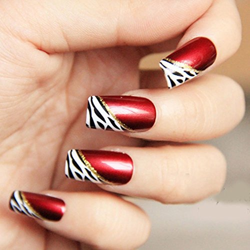 Product Cover YUNAI 24 PCS Medium Length Full Cover False Nails French Ellipse Red Wine Oblique Leopard Fake Nails