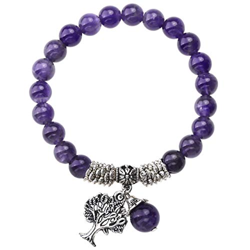 Product Cover Jovivi 8MM Purple Amethyst Natural Gemstone Healing Point Tree of Life Lucky Charm Stretch Bracelet