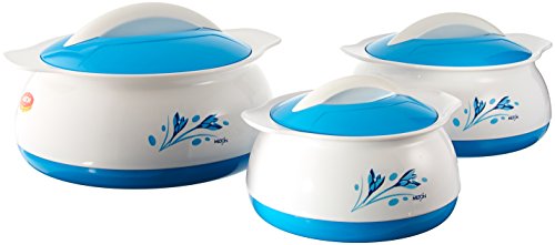 Product Cover Milton Delish Insulated Thermo Hot Or Cold Casserole Serving Bowls with Stainless Steel Inner and Locking Lids (Set of 3), White with Blue