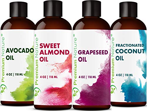 Product Cover Carrier Oils For Essential Oil - 4 Piece Variety Pack Gift Set Coconut Oil Grapeseed Oil Avocado Oil & Sweet Almond Best Oils for Stretch Mark Dry Skin Moisturizer Hair Packaging May Vary 4oz Each