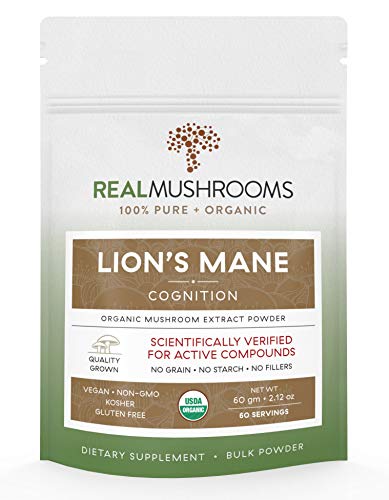 Product Cover Lions Mane Mushroom Extract Powder by Real Mushrooms - Certified Organic - 60g Bulk Lion's Mane Mushroom Powder - Perfect for Shakes, Smoothies, Coffee and Tea