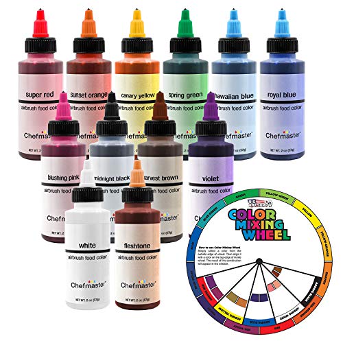 Product Cover U.S. Cake Supply by Chefmaster Airbrush Cake Color Set - The 12 Most Popular Colors in 2.0 fl. oz. Bottles with Color Mixing Wheel - Safely Made in the USA product