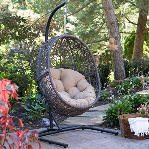 Product Cover Resin Wicker Espresso Hanging Egg Chair with Tufted Khaki Cushion and Stand