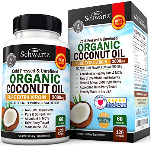 Product Cover Organic Coconut Oil - Healthy Skin, Nails, Weight Loss, Hair Growth - Virgin, Cold Pressed, Unrefined Non GMO - Rich in MCT MCFA - Support Brain Function, Blood Pressure, Anti Aging - 120 softgels