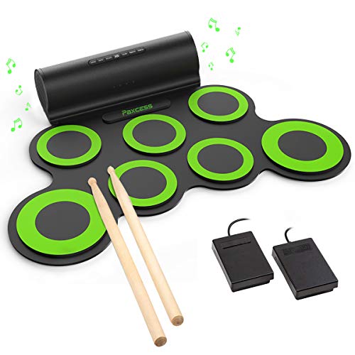 Product Cover PAXCESS Electronic Drum Set, Roll Up Drum Practice Pad Midi Drum Kit with Headphone Jack Built-in Speaker Drum Pedals Drum Sticks 10 Hours Playtime, Great Holiday Birthday Gift for Kids