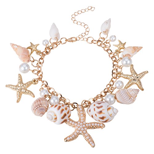 Product Cover Pandahall Fashion Sea Shell Starfish Faux Pearl Charm Bracelets New Golden