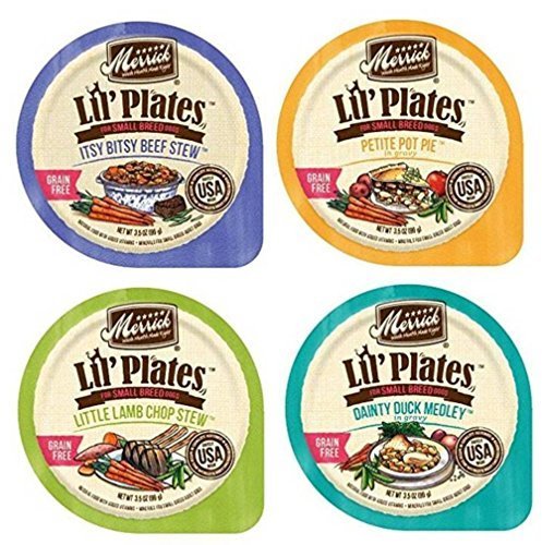 Product Cover Merrick Lil' Plates Grain Free Small Breed Dog Food 4 Flavor Variety 8 Can Bundle: (2) Itsy Bisty Beef Stew, (2) Petite Pot Pie, (2) Little Lamb Chop Stew, (2) Dainty Duck Medley, 3.5 Oz Ea (8 Cans)