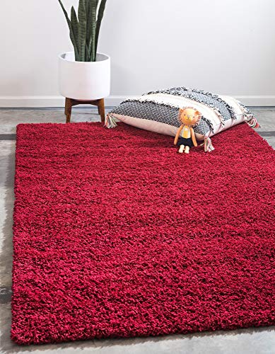 Product Cover Unique Loom Solo Solid Shag Collection Modern Plush Cherry Red Area Rug (4' 0 x 6' 0)