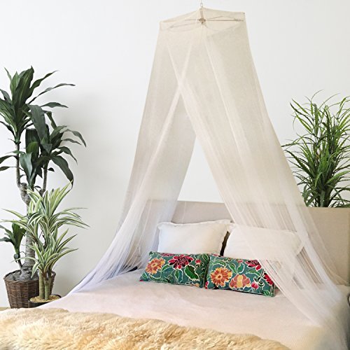 Product Cover Bobo & Bee - Premium Bed Canopy Mosquito Net Curtains Includes 3 Boho Pom Pom Decorations and Hanging Kit,  Large Queen Size, White, For Girls, Toddlers And Adults Or Over Baby Crib