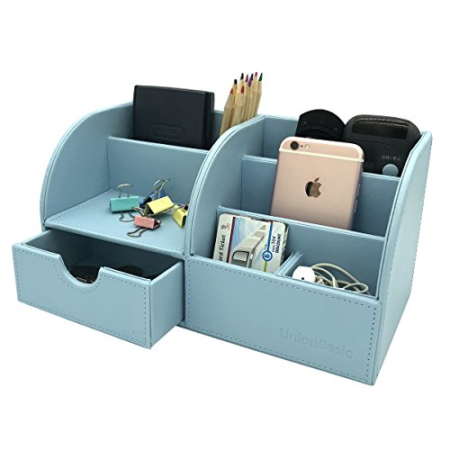 Product Cover UnionBasic Office Desk Organizer - Multifunctional PU Leather Desktop Storage Box - Business Card/Pen/Pencil/Mobile Phone/Stationery Holder (Blue)