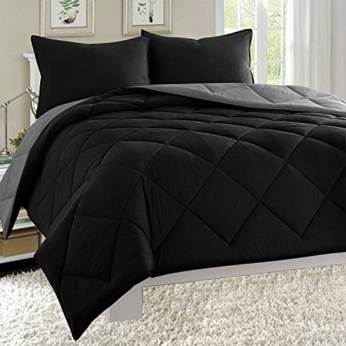 Product Cover Elegant Comfort All Season Light Weight Down Alternative Reversible 3-Piece Comforter Set, King, Black/Grey