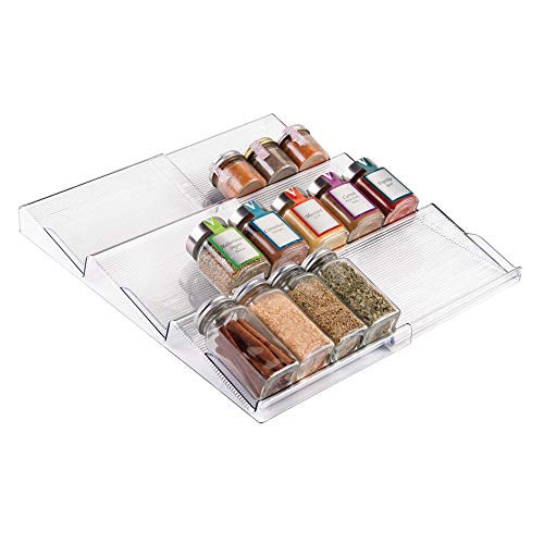 Product Cover mDesign Adjustable, Expandable Plastic Spice Rack, Drawer Organizer for Kitchen Cabinet Drawers - 3 Slanted Tiers for Garlic, Salt, Pepper Spice Jars, Seasonings, Vitamins, Supplements - Clear