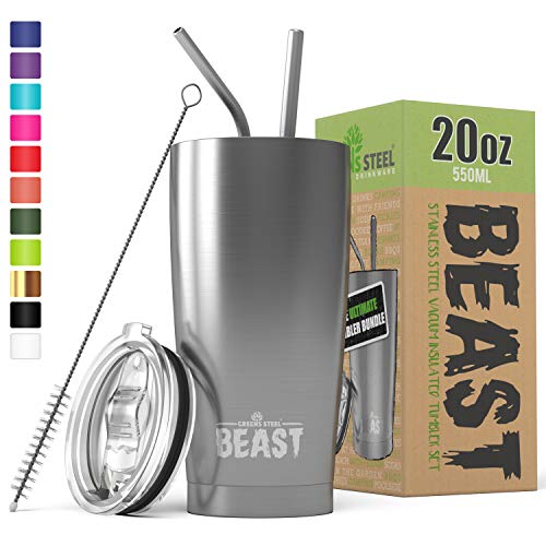 Product Cover BEAST 20oz Stainless Steel Tumbler Vacuum Insulated Rambler Coffee Cup Double Wall Travel Flask Mug with Splash Proof Lid, 2 Straws, Pipe Brush & Gift Box Bundle By Greens Steel