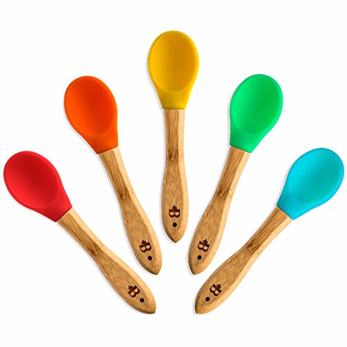 Product Cover Bambusi Natural Bamboo Baby Spoons - First Stage Weaning Feeding Spoons with Soft Silicone Tips for Babies or Toddler | Gum-Friendly BPA-Free and Lead-Free | Great Infant Gift (Set of 5)