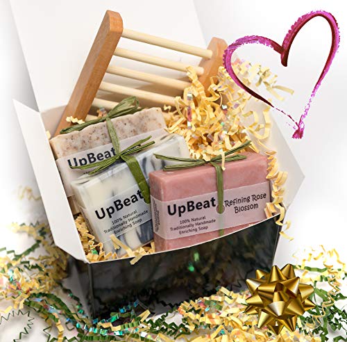 Product Cover Olive Oil Soap Gift Set For Women Under 20 Dollars-4pc-Coffee Exfoliating Soap,Cleansing Charcoal Soap,Rose Oil Moisturizing Soap & Wood Soap Dish.100% Natural Soap Bars.Great Birthday Gifts for Women