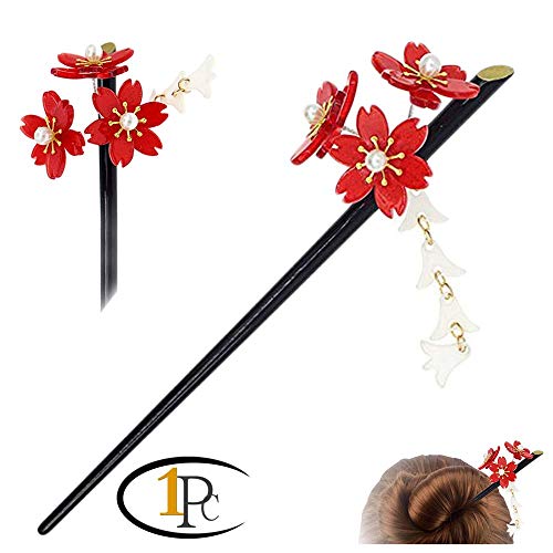 Product Cover FINGER LOVE Acrylic Geisha Hair Stick with Red Acrylic Cherry Blossom Cluster and Tassel (Red)