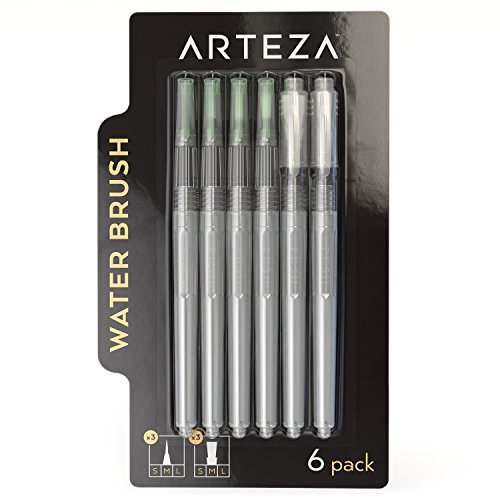 Product Cover Water Brush Set of 6 - Fine, Medium & Broad Tips, Self-moistening, Portable, Perfect for Aquarelle & Watercolor Painting and Peerless Watercolors