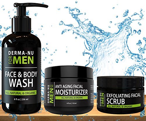 Product Cover Mens Skin Care Set, Organic Skin Care for Men with Natural Face Wash, Body Wash, Exfoliating Face Scrub and Anti Aging Face Moisturizer, Our Mens Grooming Kit Refreshes Skin, Hydrates and Fights Acne