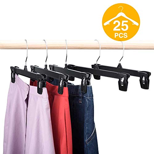 Product Cover HOUSE DAY Skirt Hangers 25 Pcs 10inch Black Plastic Pants Hangers with Non-Slip Big Clips and 360 Swivel Hook, Durable Sturdy Plastic, Space-Saving Shape, Elegant for Closet Organizing