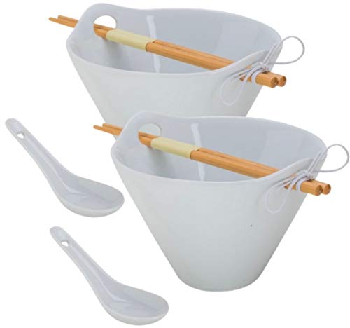 Product Cover Tasse Verre Porcelain Noodle Soup Bowl w/Bamboo Chopsticks and Ceramic Spoon 20 oz, 2-Pack