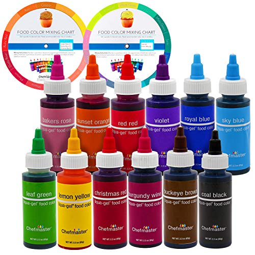 Product Cover 12 Food Color Chefmaster by US Cake Supply 2.3-Ounce Liqua-Gel Cake Food Coloring Variety Pack with Color Mixing Wheel - Made in the U.S.A.