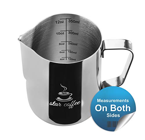 Product Cover Star Coffee 12, 20 or 30oz Stainless Steel Milk Frothing Pitcher - Measurements on Both Sides Inside Plus eBook & Microfiber Cloth - Perfect for Espresso Machines, Milk Frothers, Latte Art