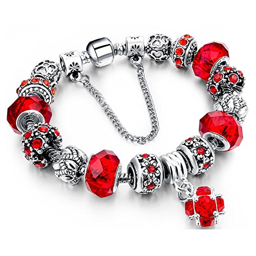 Product Cover Morenitor Charm Bracelet, Beaded Bracelet Handmade Carved Sterling Silver Plated Snake Chain Bead Bracelet Jewelry Gifts for Women Mom Grandma, 7.68 Inch (Red)