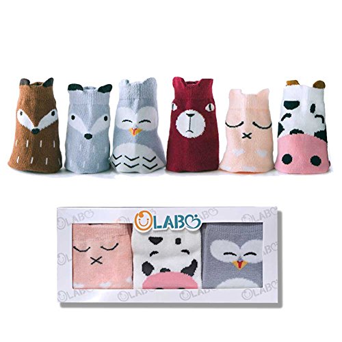 Product Cover OLABB Toddler Socks with Grips Animal Crew Socks Non-skid 6 Pairs Gift Set (Girls B, L 4-6 years)