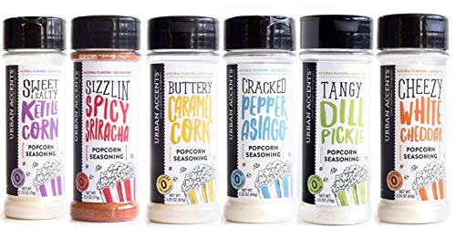 Product Cover Gourmet Popcorn Seasoning Variety Pack, All Natural (6 Flavors) - Dill Pickle, White Cheddar, Kettle Corn, Caramel, Sriracha, Cracked Pepper Asiago