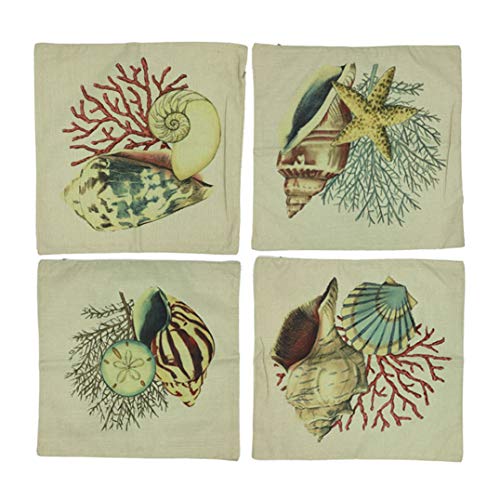 Product Cover CJESLNA 4 Pack Ocean Theme Squre Cotton Linen Throw Pillow Cushion Cover Case Conch Shell 17