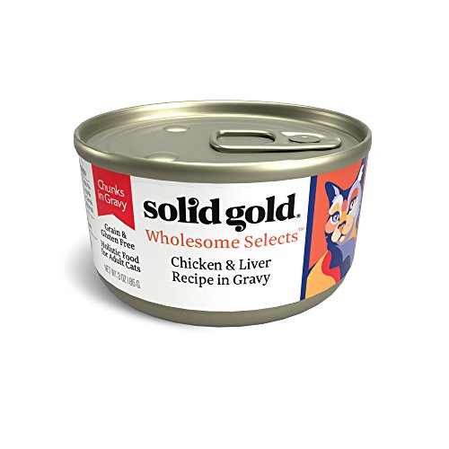 Product Cover Solid Gold Chunks In Gravy Wet Cat Food; Wholesome Selects With Real Chicken Liver (Formally Dawn'S Sky), 24Ct/3Oz