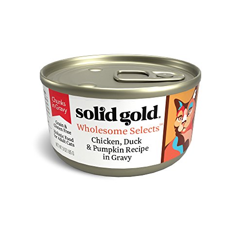 Product Cover Solid Gold Chunks In Gravy Wet Cat Food; Wholesome Selects With Real Chicken, Duck & Pumpkin (Formally Sunrise Delight), 24Ct/3Oz