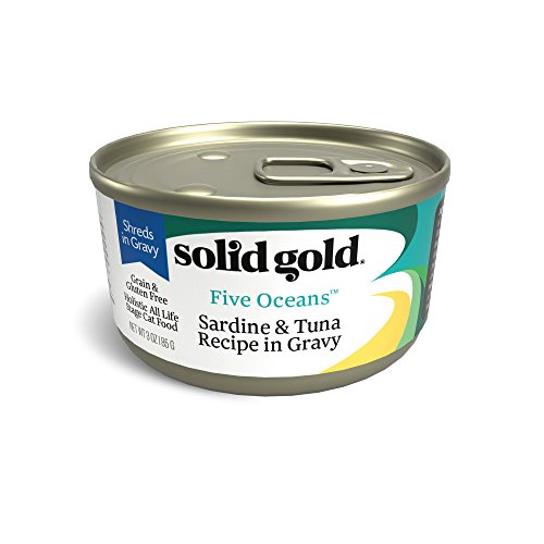 Product Cover Solid Gold Shreds In Gravy Wet Cat Food; Five Oceans With Real Sardine & Tuna, 16Ct/6Oz Can