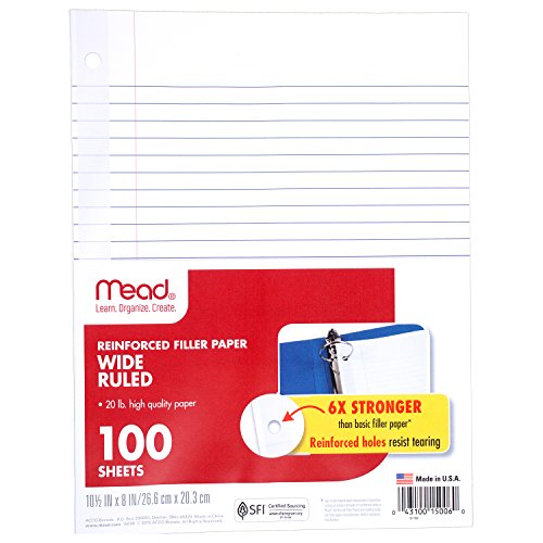 Product Cover Mead Loose Leaf Paper, Filler Paper, Reinforced, Wide Ruled, 100 Sheets, 10-1/2  x 8 inches, 3 Hole Punched, 1 Pack (15006)